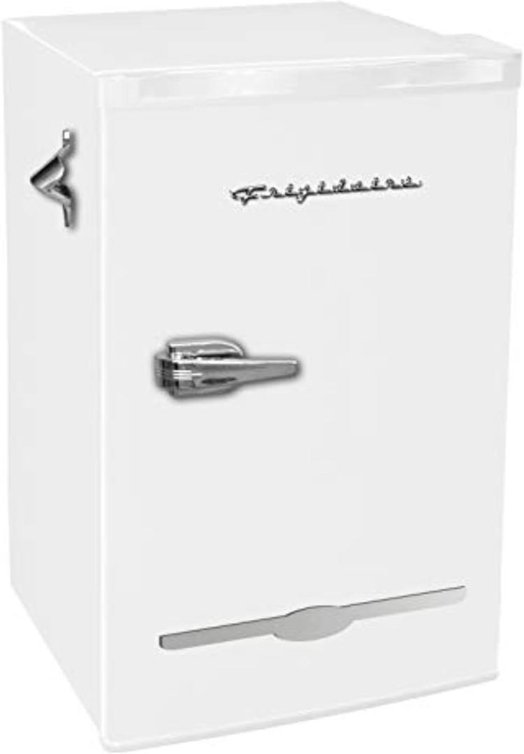 Frigidaire Retro Compact Fridge with Chiller, 3.2 cu ft Countertop Fridge with Built-In Bottle Opener, Compact Refrigerator for Office, Bedroom, Dorm Room or Cabin - 18.7"D x 19.01"W x 33.27"H (White)