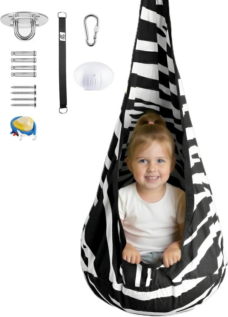 Calming Sensory Swing Indoor Sensory Hammock for Kids & Adults, Supports up to 170 lb (77 kg), Double-Layer Canvas Fabric, Hanging Hardware Included, Black-White