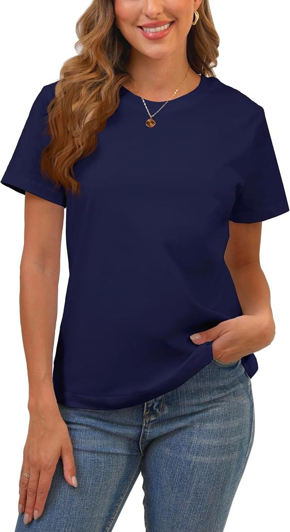 Cotton Basic T Shirts for Women,Crew Neck Short Sleeve Summer Shirts,Solid Loose Fit Tshirt, Plain Workout Tops, Undershirts (Large, 0-navy-blue)