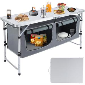 Outdoor Folding Camping Table with Storage Organizer, Portable Aluminum Composite Panel Lightweight Table, 3 Adjustable Height, for Indoor, BBQ, Party, Picnic, Hiking, Beach (Grey)