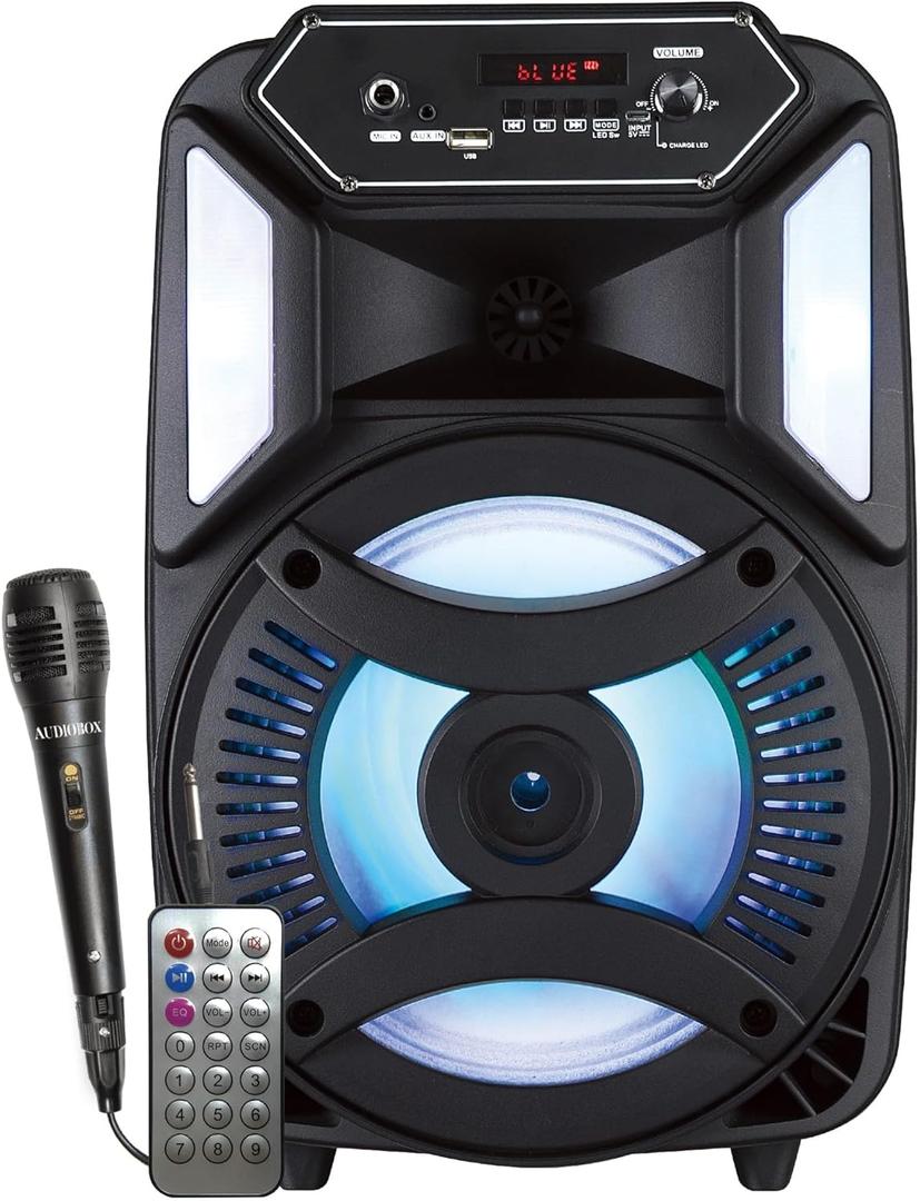 AUDIOBOX Portable Karaoke Speaker with Wireless Remote, 8 Woofer, Sound Activated Light Show, Bluetooth, USB-C, and Wired Microphone for Parties and Events AUDIOBOX Portable Karaoke Speaker with Wireless Remote, 8 Woofer, Sound Activated Light Show, Bluetooth, USB-C, and Wired Microphone for Parties and Events