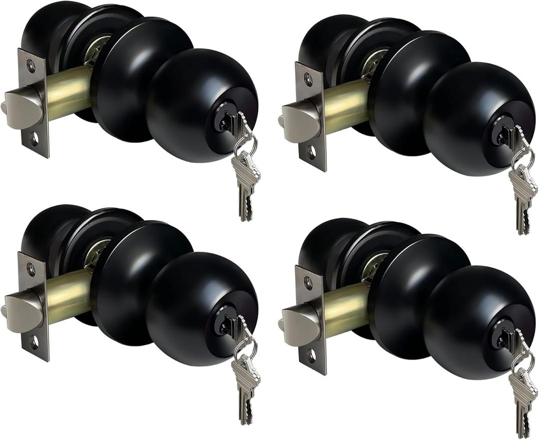 BESTTEN 4 Pack Door Knob with Lock and Key, Keyed Different Entry Door Knob, for Entrance and Front Door, Matte Black