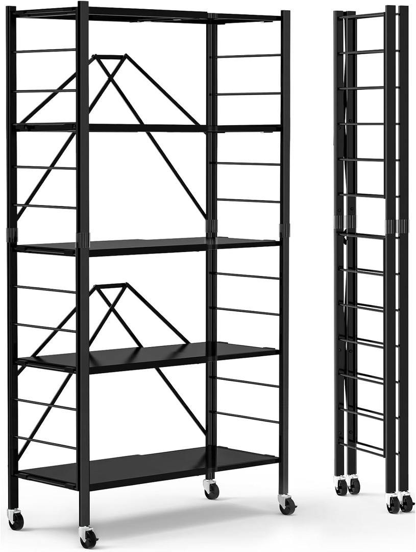 5 Tier Foldable Storage Shelves, Expandable Folding Shelving Units with Wheels, Changeable into 2 Shelf Units, Collapsible Adjustable Storage Rack Metal Shelves for Storage, Pantry, Garage, Kitchen (Black)