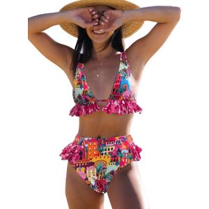 SPORLIKE Women High Waisted Swimsuit Ruffle Bikini Two Pieces Swimwear(Castle Print, Large)