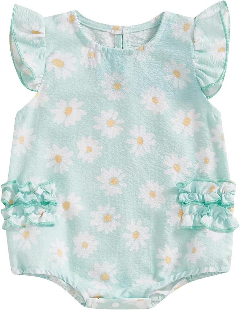 Kodaruber Cute Newborn Baby Girl Romper Plaid/Daisy Print Fly Sleeve Crew Neck Ruffle Bodysuit Spring Summer Clothes (6-12 Months, Sky Blue)