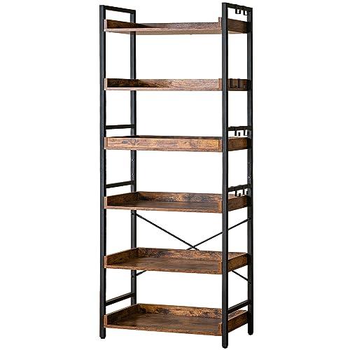 HCHQHS Adjustable 6 Tier Open Bookcase, Rustic Farmhouse Book Shelves, Industrial Wood and Black Metal Bookshelves, Mid Century Bookcase for Home Office Living Room Bedroom