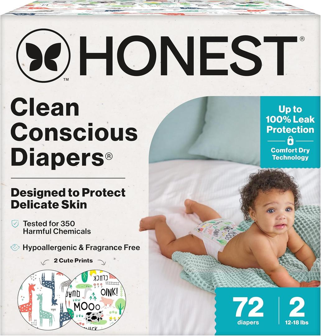 The Honest Company Comfort Dry Disposable Daytime Diapers for Sensitive Skin, Hypoallergenic, Fragrance-Free, Multi-Colored Giraffes + Barnyard Babies, Club Box, Size 2 (12-18 lbs), 72 Count