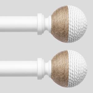 2 Pack White Boho Curtain Rods 36-91 Inch, Decorative 1 Inch Rustic Curtain Rod for Farmhouse Window, Adjustable Heavy Duty Coastal Window Treatment Rods with Cute Twine Finials