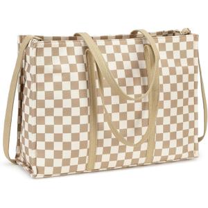 Laptop Tote Bag for Women Work 15.6 inch Canvas Shoulder Bags Computer Messenger Purse Teacher Handbag Office Briefcase (B-checkered Brown)