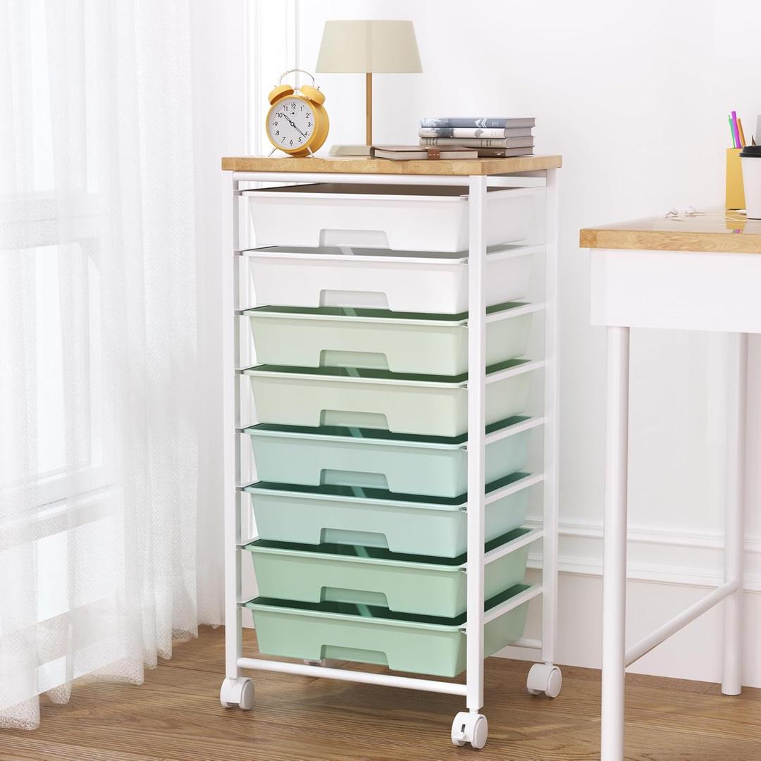 Rolling Cart with 8 Drawers, Storage Drawers Cart with Wooden Tabletop and Lockable Wheels, Craft Storage for Living Room, Office, Classroom, Craft Room, Bedroom (Green)