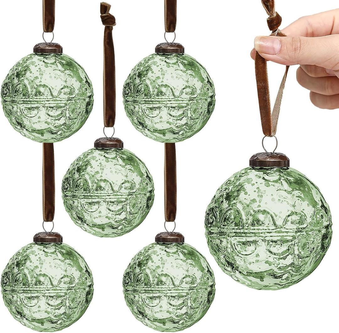 Threan 6 Pcs Large Vintage Mercury Glass Christmas Ornaments 3.15" Hanging Christmas Ball Ornaments Antique Embossed Ball Decorations for Xmas Tree Garland Wreath Holiday Decor(Green, Etched)