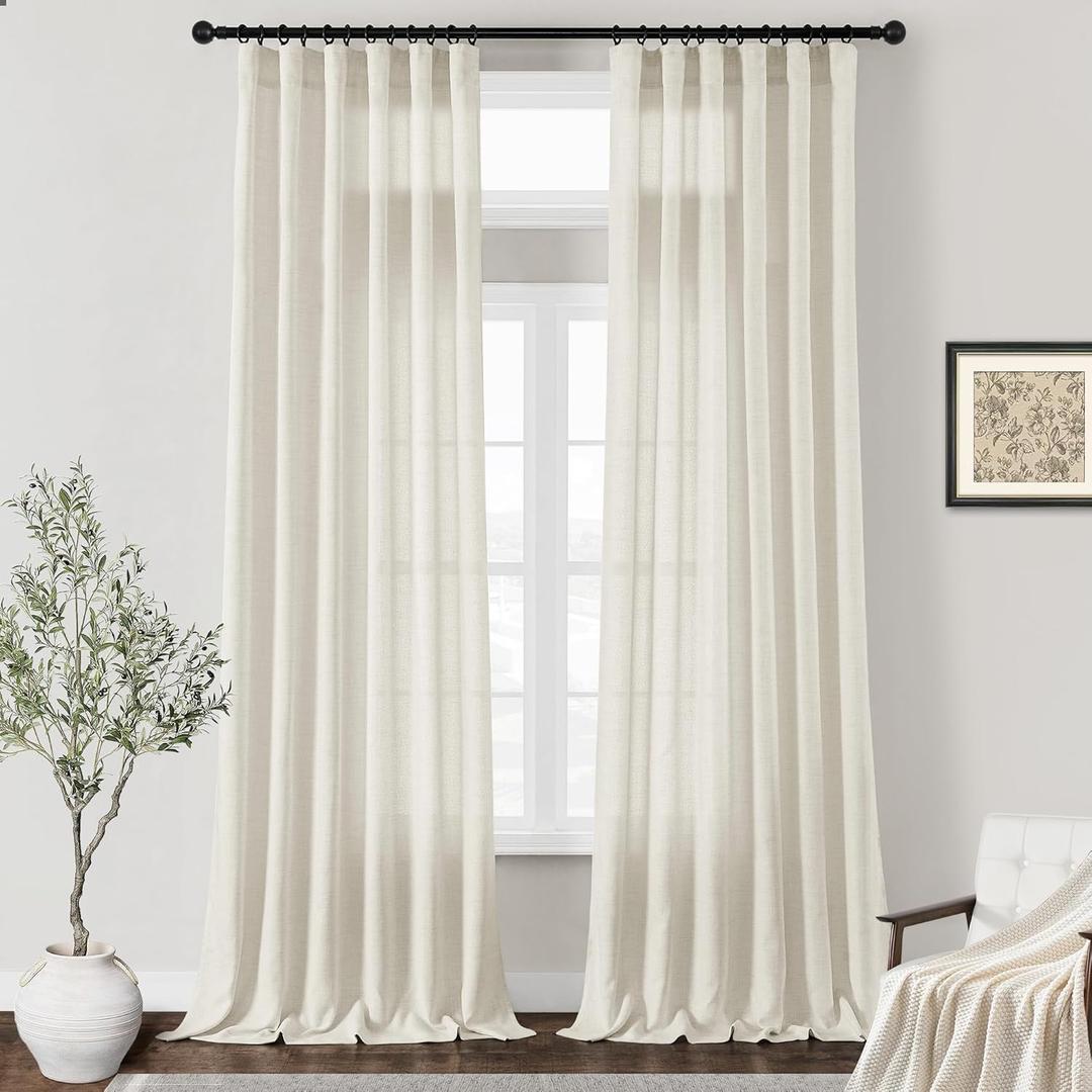 Natural Linen Curtains 126 Inches Long for Living Room Bedroom 2 Panels Cream Linen Semi Sheer Drapes Hook Belt Rod Pocket Window Curtains Boho Neutral Light Filtering Drapes