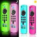 (4 Pack) ONEBOM Silicone TV Remote Case Cover, Anti-Slip Lightweight Silicone Protective Control Case with LanyardGlow Green&Glow Pink&Sky Blue&Rose Red