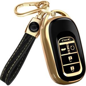 Lucrum Compatible with Honda Key Fob Cover & Leather Keychain - TPU Keyfob Case for Accord Civic CR-V HR-V Pilot Ridgeline, For 5 Button Remote (2022-2026) - Black and Gold