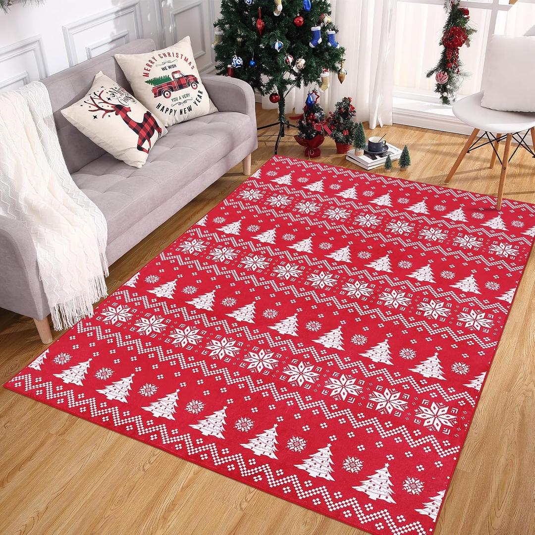 RUGSREAL Living Room Area Rug 5x7 Christmas Rugs for Bedroom Non Slip Dining Room Throw Carpet Washable Xmas Holiday Boho Rugs Indoor Christmas Decorative Rug for Bedroom Dining Nursery, Red 5' x 7'