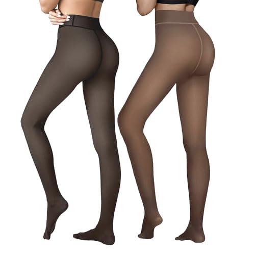 Caprilite 1 Pairs Women Fleece Lined Tights-Fake Translucent Leggings High Waist Pantyhose Sheer Thick Warm Tights For Women, L/XL