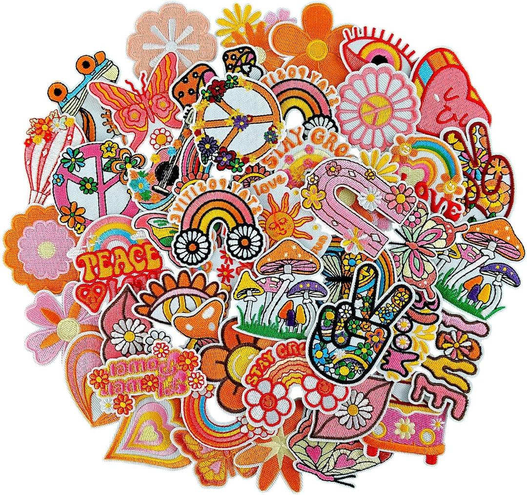 RF-patch 48Pcs Hippie Iron on Patches for Girl, Embroidered Boho Iron on/Sew on Patch for Clothes, Hats, Jeans, Dress, Backpacks, Etc, Machine Washable