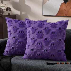 DFXSZ Halloween Pillow Covers 18x18 inch Set of 2 Purple Ghost Throw Pillow Cases Soft Plush Faux Fur Wool Couch Cushion Case for Chair Sofa Bedroom Living Room Home Decor PTK03E18