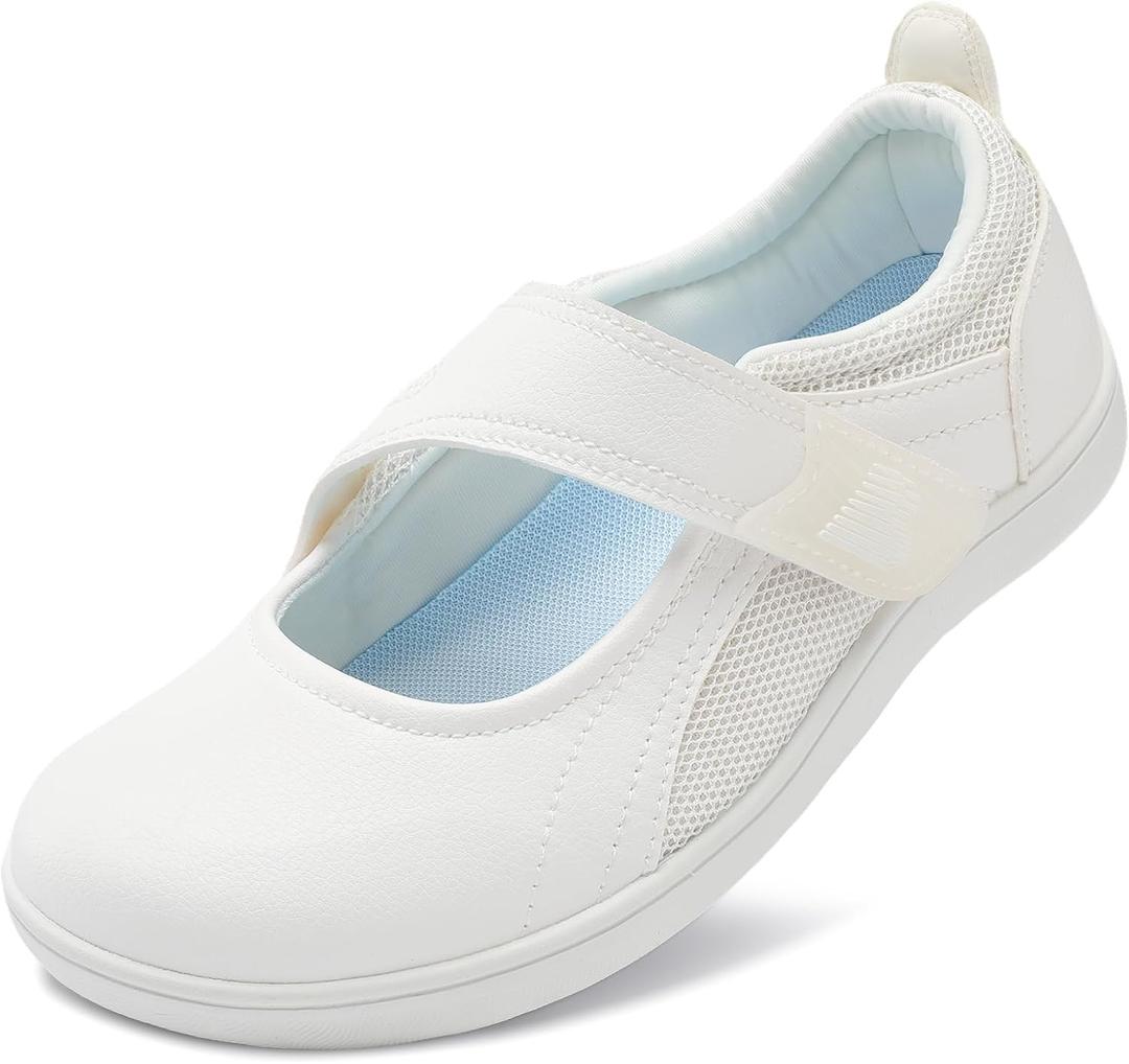 BARERUN Womens Walking Shoes Classic Mary Jane Flats Wide Toe Diabetic Shoes for Women Adjustable Breathable Lightweight Daily Barefoot Shoes (White)