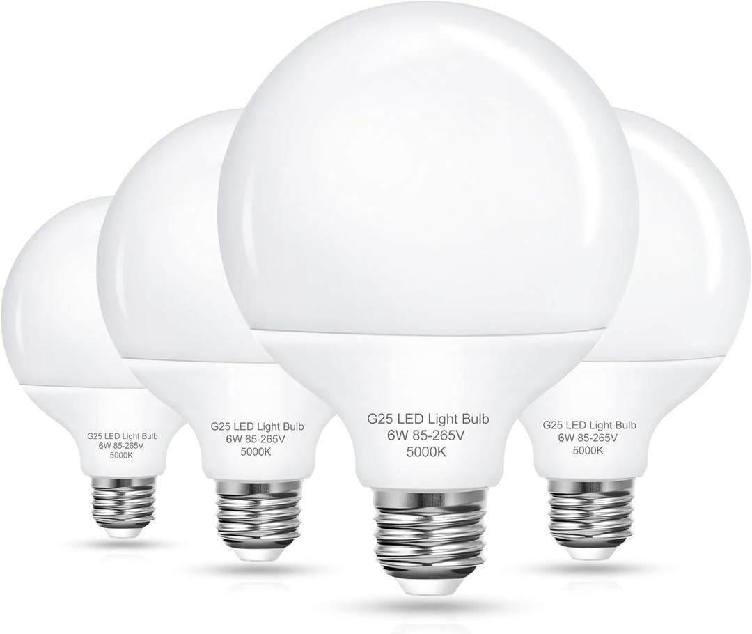 EvaStary G25 LED Globe Light Bulbs, 6W LED Vanity Bathroom Light Bulb 60W Equivalent Daylight White 5000K for Mirror Round Makeup Lights, 85-265V CRI85+ E26 Base, Non-dimmable, 4 Pack
