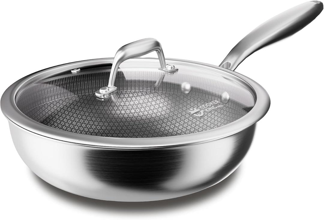 COOKER KING 12-Inch Hybrid Stainless Steel Wok with Lid, Nonstick Stir Fry Pan & Deep Frying Pan, Tri-Ply Clad Honeycomb Everyday Pan, Induction Ready, Oven & Dishwasher Safe, PFOA Free