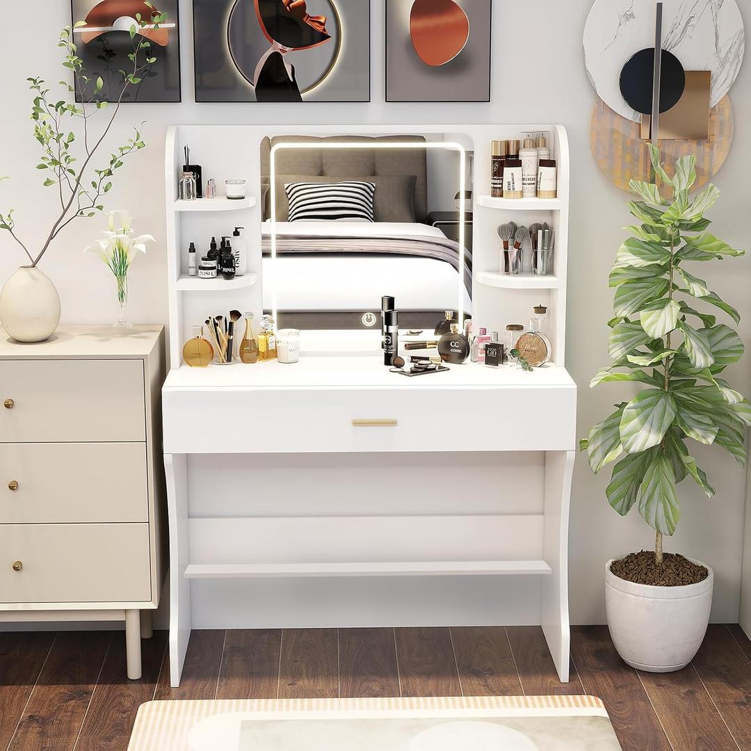 CFTEL Vanity Desk, Makeup Vanity with Mirror and Lights, White Makeup Vanity Table with Big Drawer, Power Outlet, Stronger Links, for Bedroom, Dressing Room