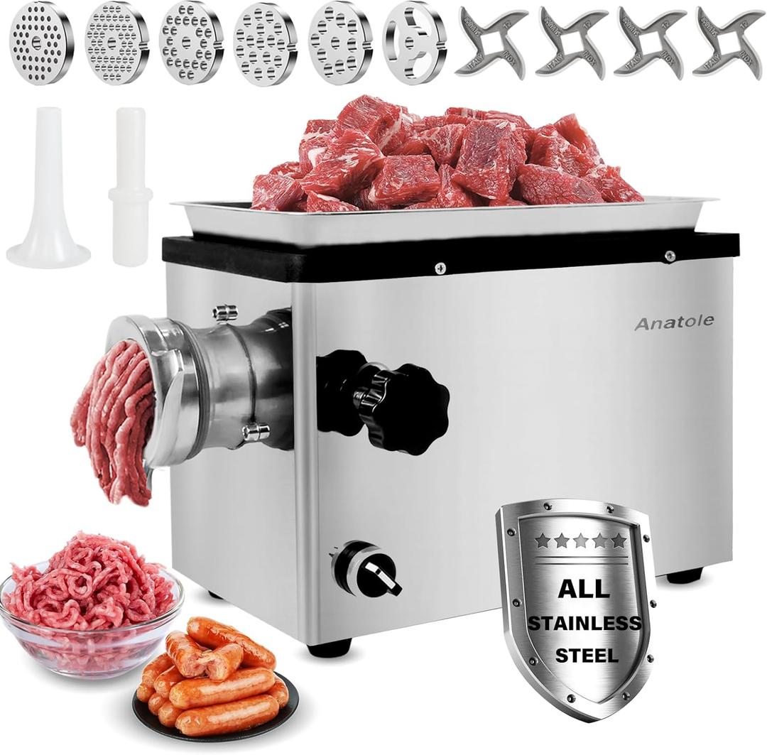 Anatole Commercial Electric Meat Grinder 1.8 HP 1300 W All Stainless Steel Meat Bones Mincer Heavy Duty Sausage Stuffer with 6 Grinding Plates 4 Blades for Restaurant Hotel 110V
