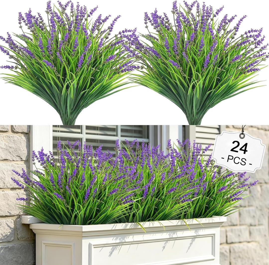 24 Bundles Artificial Plants & Flowers Adjustable Height Fake Lavender Flowers, UV Resistant No-Fade Plastic Plants, Faux Monkey Grass for Home Porch Garden Window Box Indoor Outdoor Decor