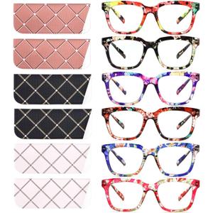 6 Pack Fashion Reading Glasses for Women Men Blue Light Blocking Oversized Square Readers with Spring Hinge, +2.75