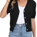 COSSEN Women's Open Front Cardigans Button Down Short Sleeve Summer Trendy Lightweight Crochet Knit Sweaters (A01-black) Small 