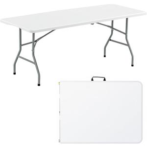 Folding Table 6FT Portable Heavy Duty Plastic Table with Carrying Handle Fold-in-Half Utility Foldable Tables for Parties Wedding Events Dining Indoor Outdoor Picnic (White)