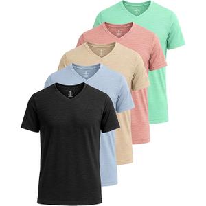 Real Essentials 5 Pack: Men’s V-Neck Dry-Fit Moisture Wicking Active Athletic Tech Performance T-Shirt, M