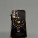 Liufcx for Samsung Galaxy A15 5G Love Heart Kickstand Case with 2X Screen Protector: Luxury Plated Gold Edge Slim Soft TPU Shockproof Protection Case Cover for Galaxy A15 (Black)