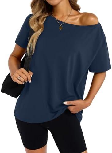 EasyGala Womens Cotton Off The Shoulder Tops Oversized Short Sleeve T-Shirts Casual Summer Tees Trendy Clothes 2025 XS