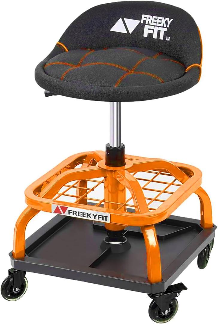 Rolling Shop Stool for Garage with Casters, DO01-Adjustable Height 360 Swivel Shop Seat with Tool Tray Storage, 330 LBS Capacity Padded Mechanic Stool, Orange