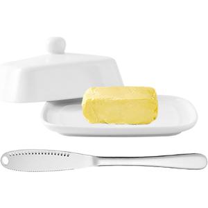 Kitchen Ceramic Butter Dish with Lid and Knife for Countertop Refrigerator, Butter Holder with Knob Handle East/West Coast Butter Stick Keeper