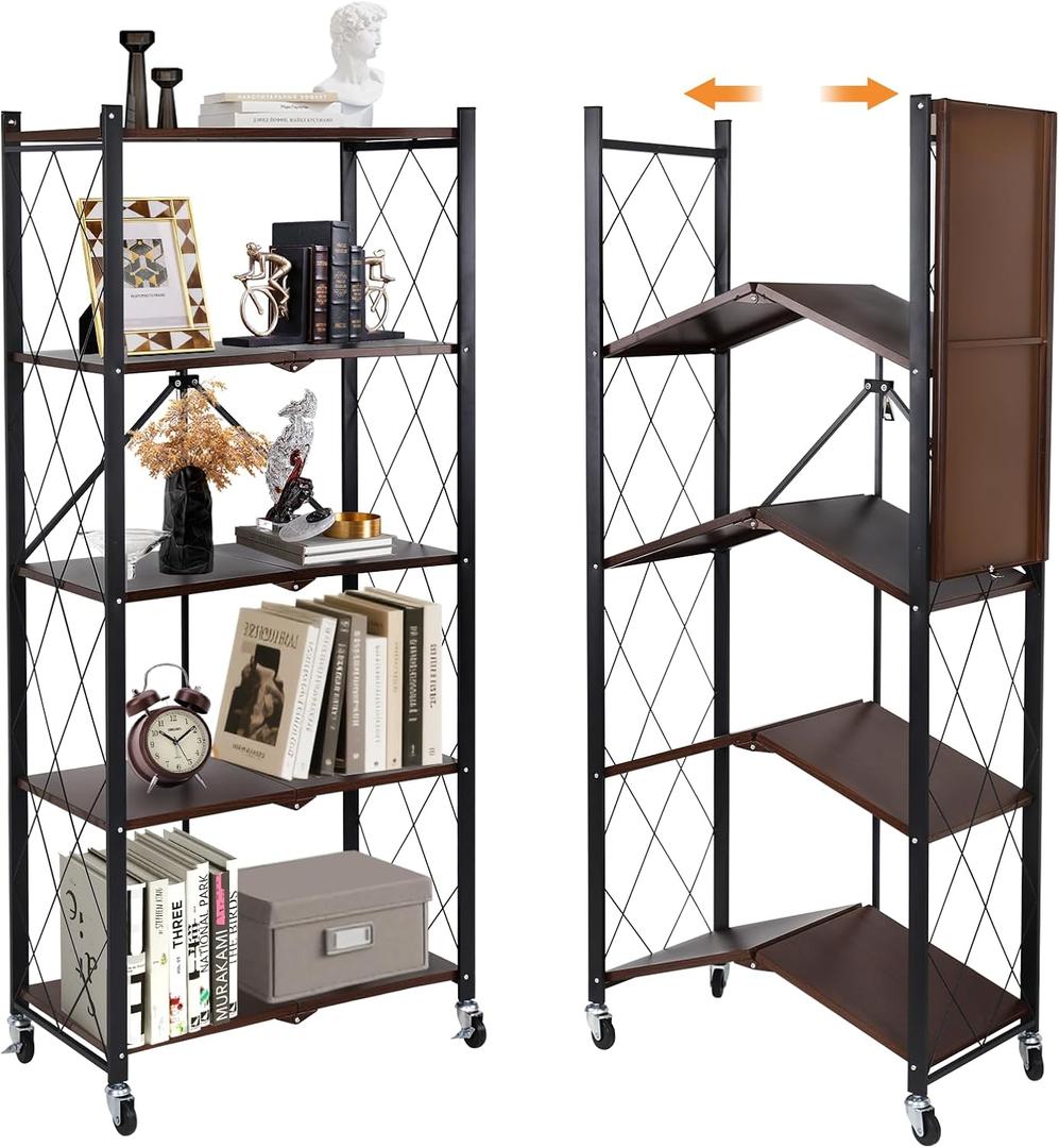 5-Tier Foldable Storage Shelves with Wheels, Folding Metal Shelf Unit, Folding Bookshelf no Assembly, Collapsible Shelves for Craft Shows for Kitchen, Bedroom, Living Room, Rustic Brown