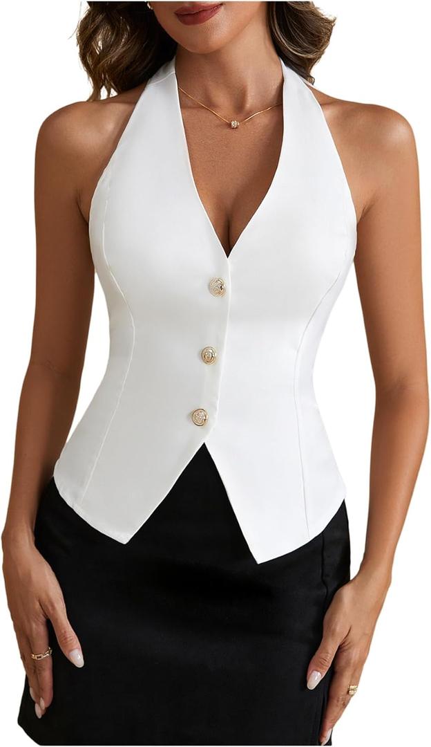 Women's Tie Backless Halter Blouse Button Down Sleeveless Party Club Tops (S)