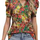 LOMON Spring Summer Tops for Women 2026 V Neck Puff Short Sleeve Tops Fashion Trendy Work Blouses Dressy Casual S-XXL (Green, L)