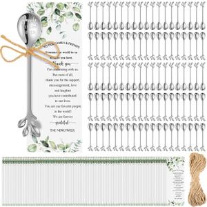Tioncy 100 Pcs Bridal Shower Favors Tea Spoons 4.9 Inch Silver Stainless Steel Leaf Dessert Teaspoon Coffee Tea Party Favors with Thank You Cards and Rope for Gift Bridal Shower Guests Wedding