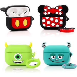 (4Pack) Case for AirPods Pro 2nd/1st Generation (2022/2019) with Carabiner, Suublg Cute Skin Design Silicone Cartoon Charging Case Protective Covers for Boys Girls (MN+MC+MrQ+Monster)