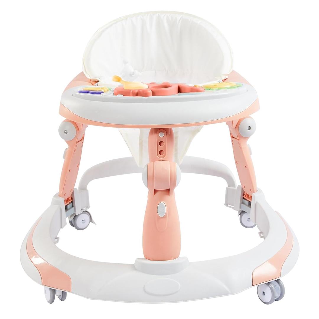 3 in 1 Baby Walker, Baby Walkers for Boys and Girls with Removable Footrest, Feeding Tray, Rocking Function & Music Tray(Without Battery), Foldable Activity Walker for Baby 6-18 Months (Pink)