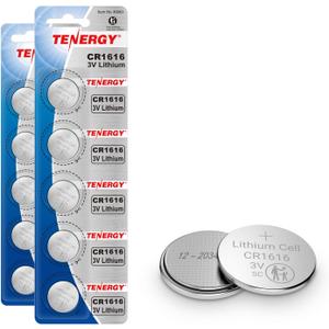 Tenergy CR1616 3V Lithium Cell Battery, for Keys, Handheld Game Console, Calulators, Accessories, 10 Pack 