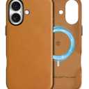 SHIELDON Case for iPhone 16, Genuine Leather Magnetic Wireless Charging Slim Fit Elegant Non-Slip Shockproof Protective Phone Cover with Metal Buttons Compatible with iPhone 16 - Retro Light Brown