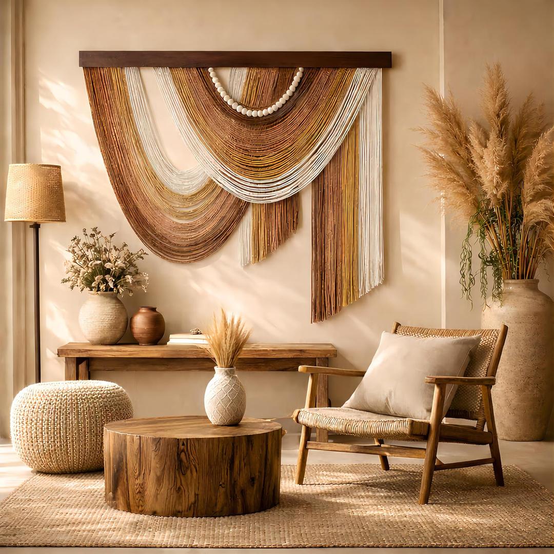 Macrame Wall Hanging Handmade Woven Macrame Tapestry, Textured Neutral No-Faded Earthy Boho Wall Decor, Foldable Macrame Wall Art for Bedroom, Living Room, Headboard or Fireplace 32"  29" (Terracotta)