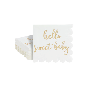 50 Pack 5x5 Inch White Scalloped Napkins with Gold Foil Hello Sweet Baby - Gender Neutral Baby Shower Napkins & Table Decor for Boy Girl Sprinkle Decorations