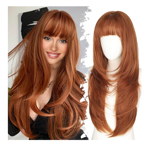 Long Ginger Wig with Bangs for Women,4x4 Realistic Scalp, Free Parting,Layered Hairstyle Synthetic Heat Resistant for Daily Party Use 26 inch