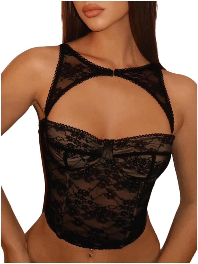 WDIRARA Women's Cut Out Lace Crop Bustier Corset Tank Top Sexy Going Out Party Club Tops (Medium, Black)