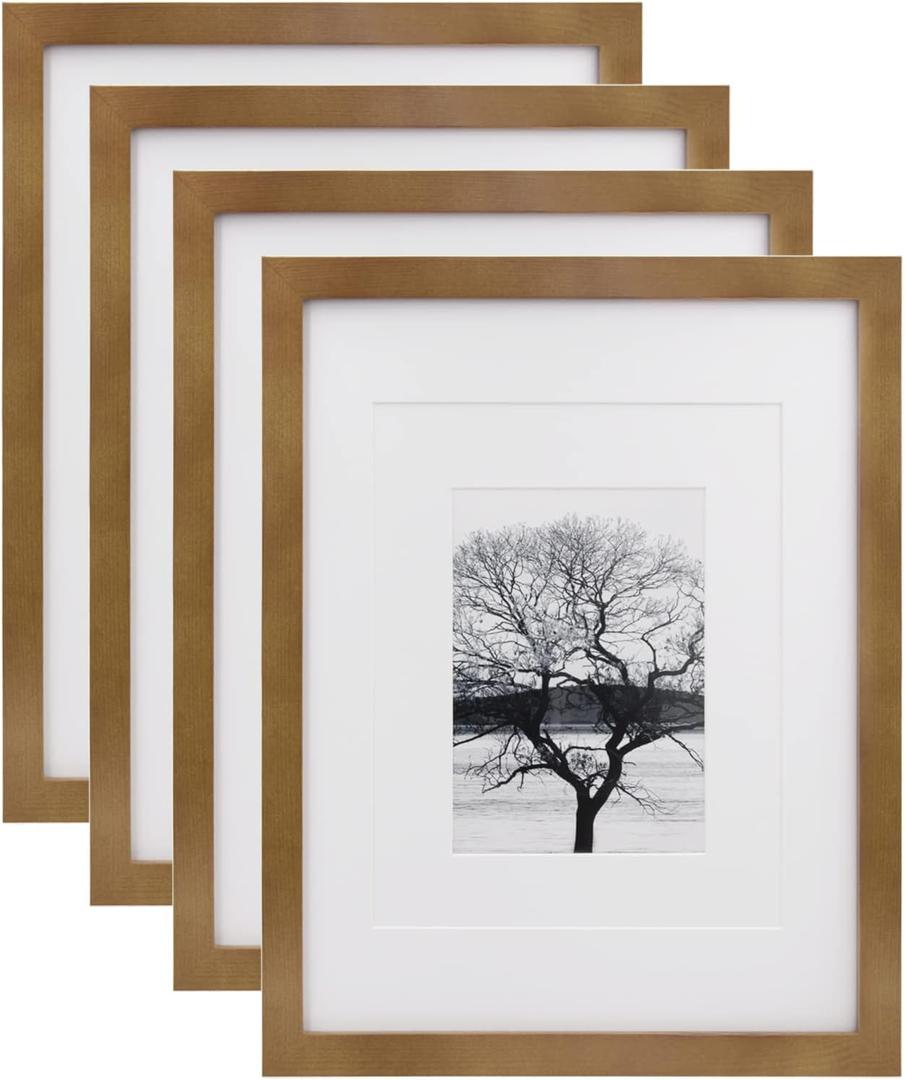 Egofine 11x14 Picture Frames 4 Pack Display Pictures 5x7/8x10 with Mat or 11x14 Without Mat Made of Solid Wood Covered by Plexiglass for Table Top Display and Wall Mounting Photo Frame, Light Brown