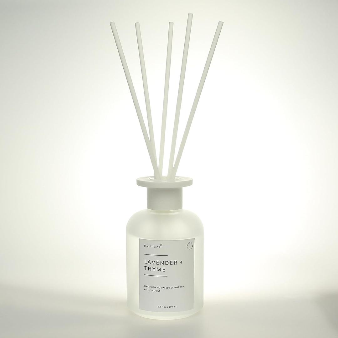 SENSE ISLAND Reed Diffuser Set, Lavender Thyme Scent, 6.7 oz, Home Fragrance with 5 Diffuser Sticks Long Lasting Fragrance (White)